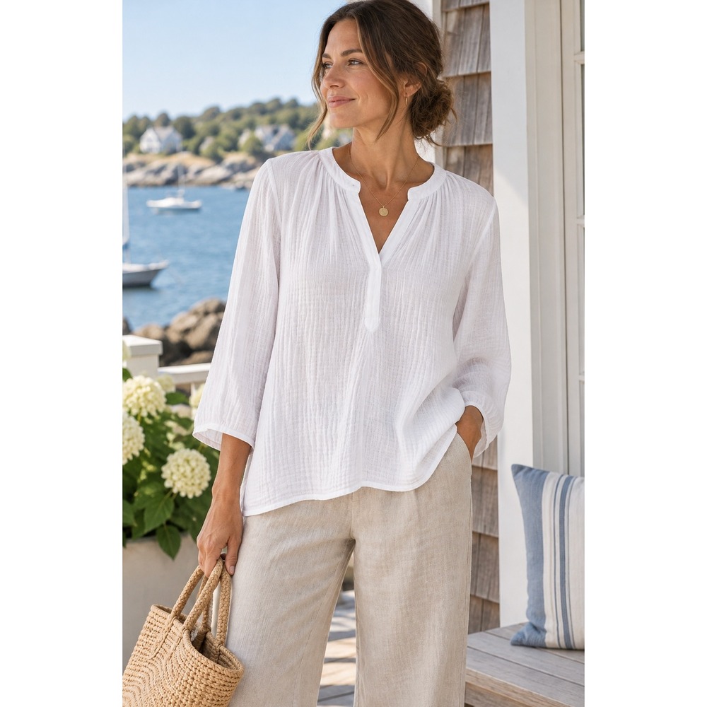 J Jill 100% Cotton Gauze V Neck Tunic Top Large White Lightweight Coastal Fall